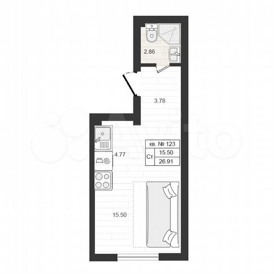 Квартира-студия, 26,9 м², 4/4 эт.