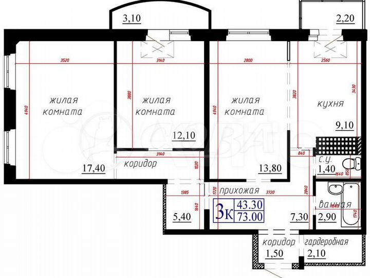3-к. квартира, 73 м², 12/16 эт.