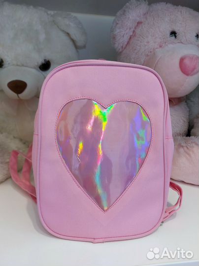 Рюкзак голографический с сердечком розовый
