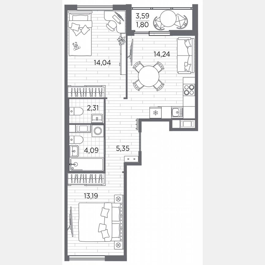 2-к. квартира, 55 м², 3/5 эт.
