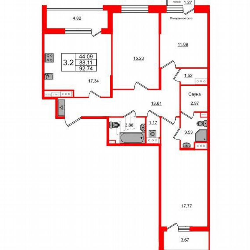 3-к. квартира, 88,1 м², 9/12 эт.