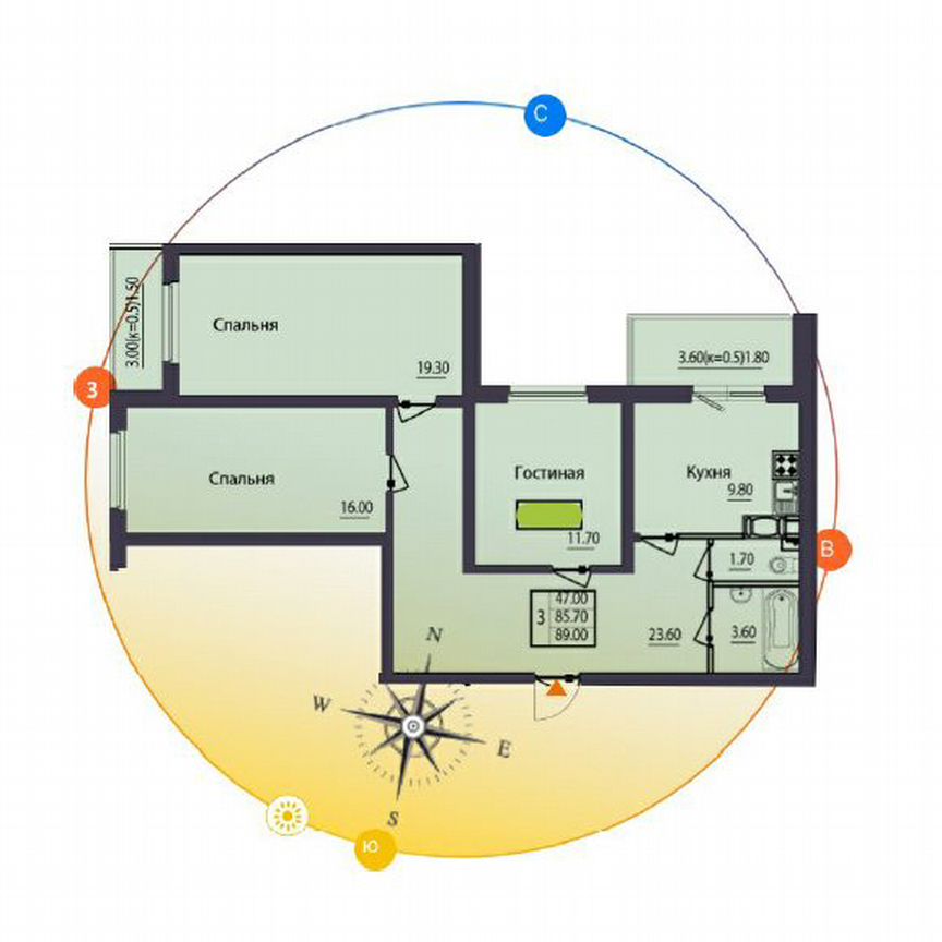 3-к. квартира, 89 м², 9/14 эт.