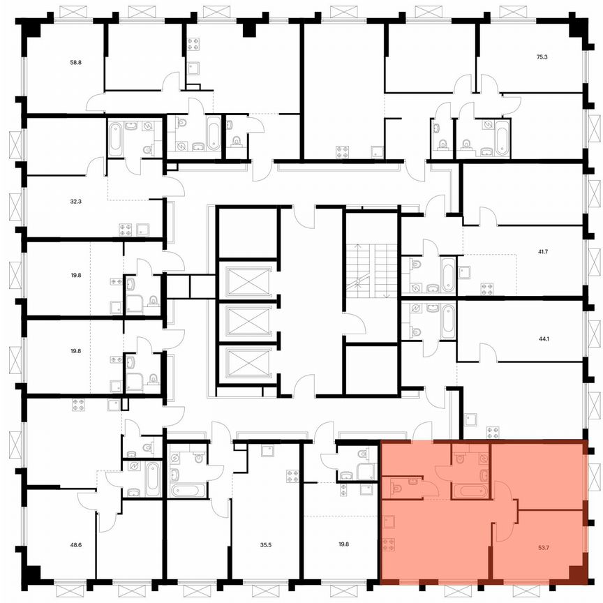 2-к. квартира, 53,7 м², 13/25 эт.