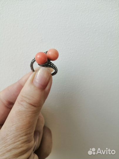 Серебряное кольцо с природным кораллом, Винтаж