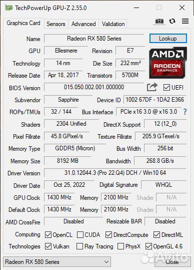 Sapphire RX 580 nitro+ OC 8Гб