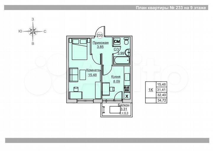 1-к. квартира, 32,4 м², 9/18 эт.