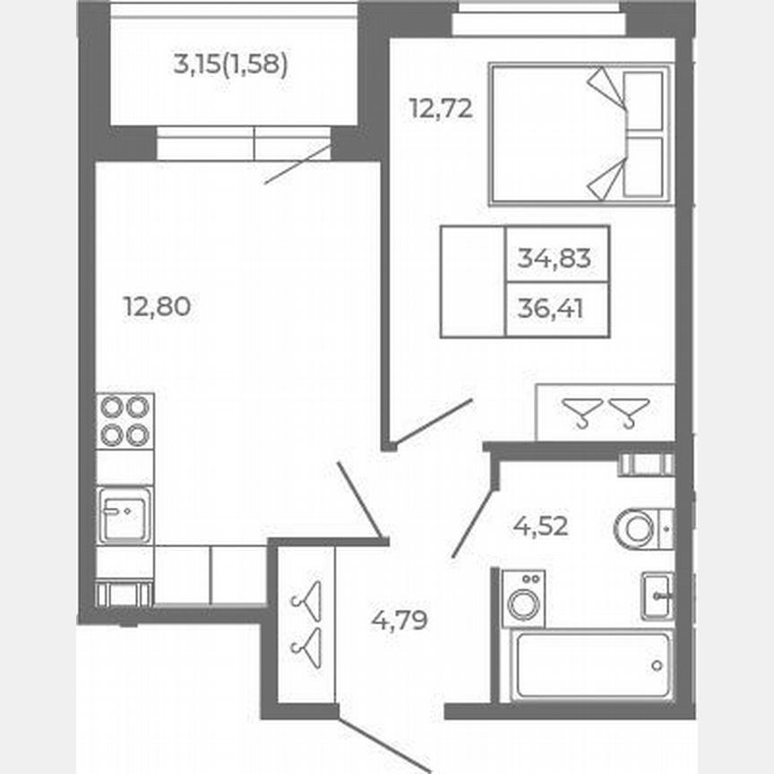 1-к. квартира, 34,8 м², 2/4 эт.