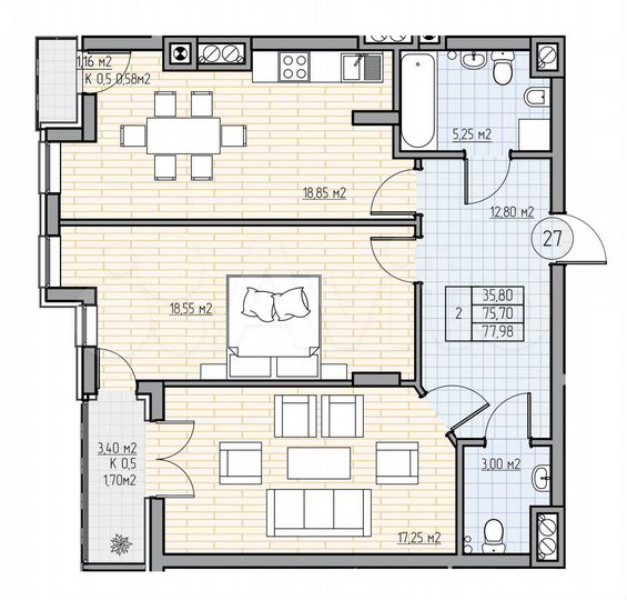 2-к. квартира, 77,9 м², 5/7 эт.