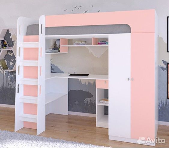 Кровать чердак со столом и шкафом Дуб Молочный/Бел