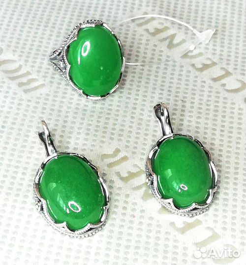 Серьги, кольцо серебрение хризопраз разм.18,0 С638