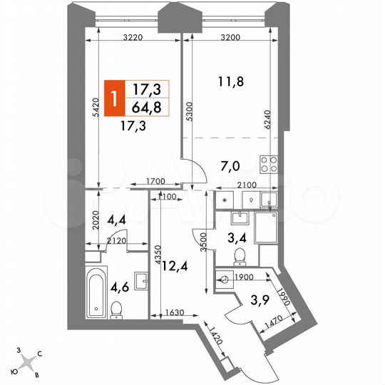 1-к. квартира, 64,8 м², 16/47 эт.