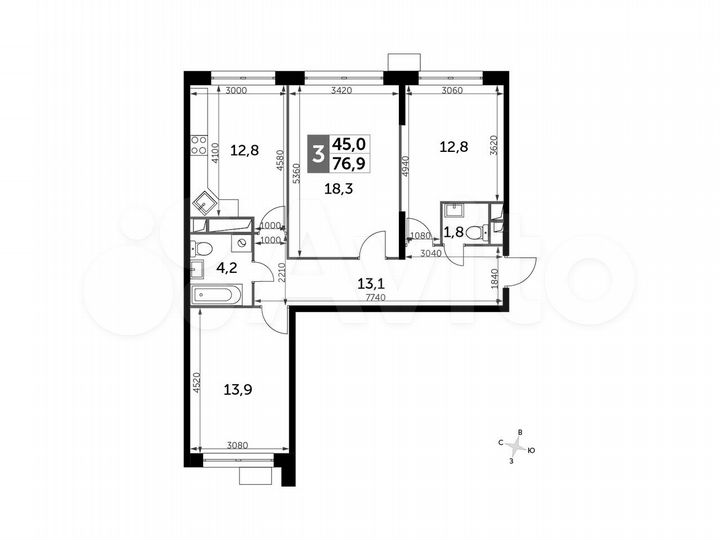 3-к. квартира, 76,9 м², 4/21 эт.