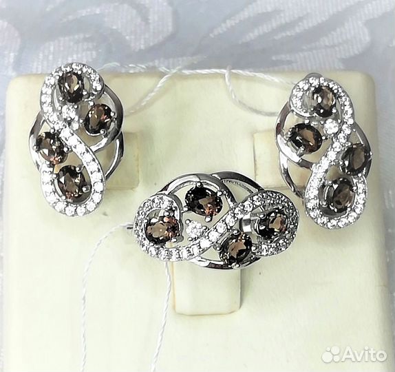Серьги, кольцо серебро раухтопаз разм.17,0 С532