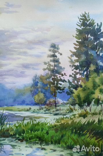 Картина акварель пейзаж лес река озеро лето