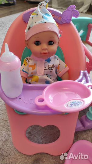 Кукла пупс со стульчиком и кроваткой