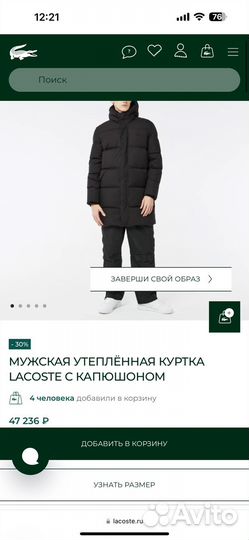 Пуховик мужской lacoste