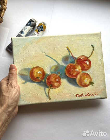 Картина маслом натюрморт, ранетки, 18/24 см