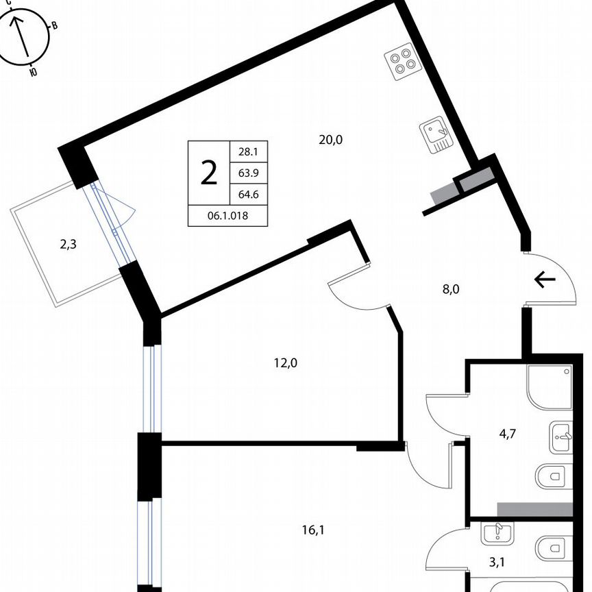 2-к. квартира, 64,6 м², 2/3 эт.