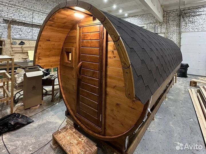 Баня бочка 5 м с козырьком