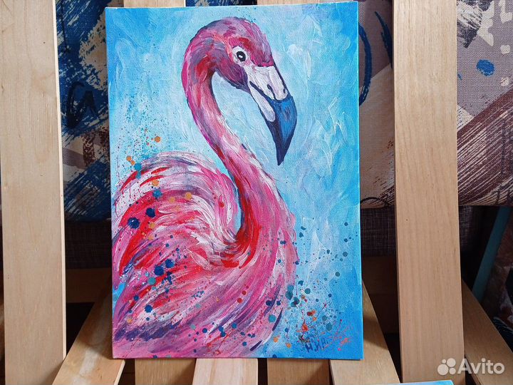 Картина акрилом на холсте птица фламинго