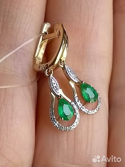 585 серьги 2 нат.изумруда 0,348ct и бр. Новые желт