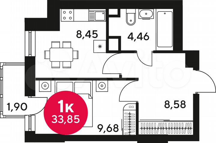 Своб. планировка, 33,4 м², 22/25 эт.