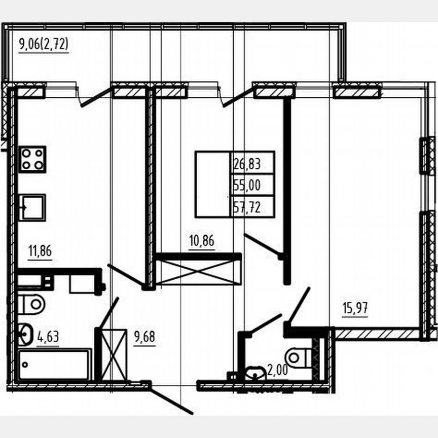 2-к. квартира, 55 м², 4/4 эт.