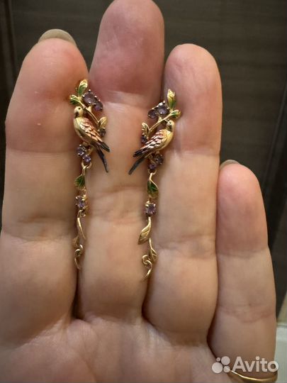 Золотые серьги с аметистами и эмалью