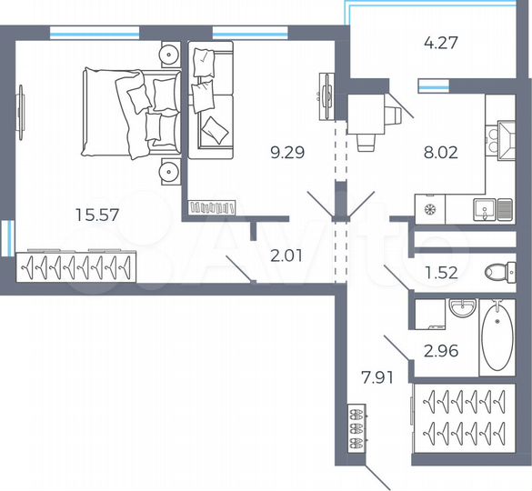 2-к. квартира, 49,4 м², 16/16 эт.