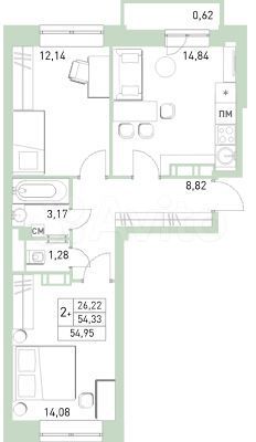 3-к. квартира, 55 м², 12/17 эт.