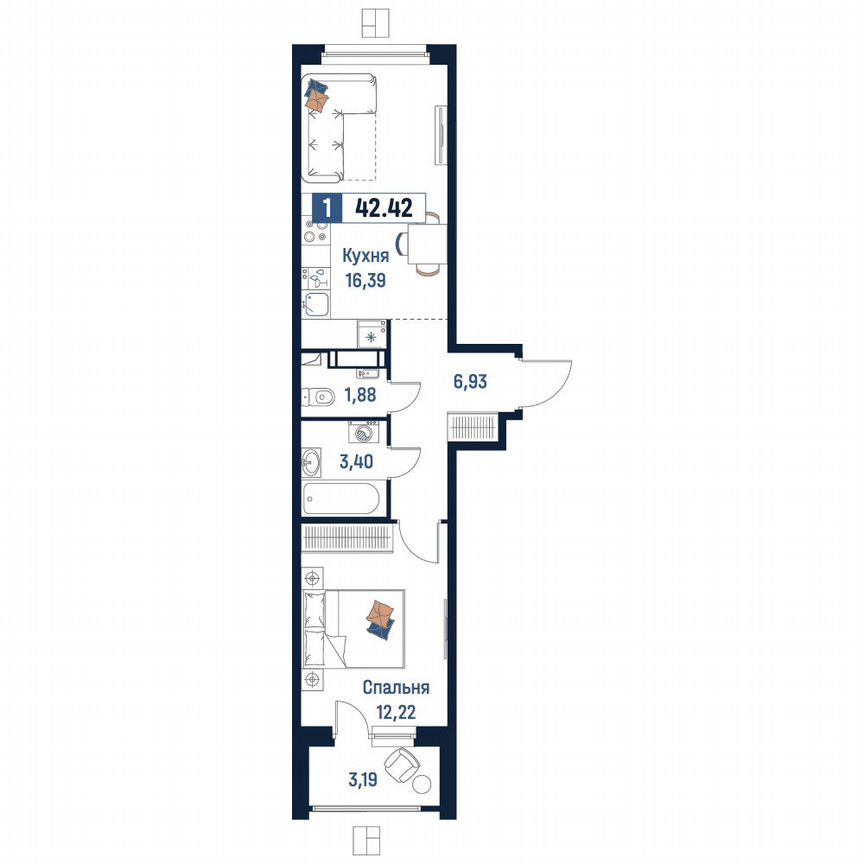 1-к. квартира, 42,4 м², 5/18 эт.
