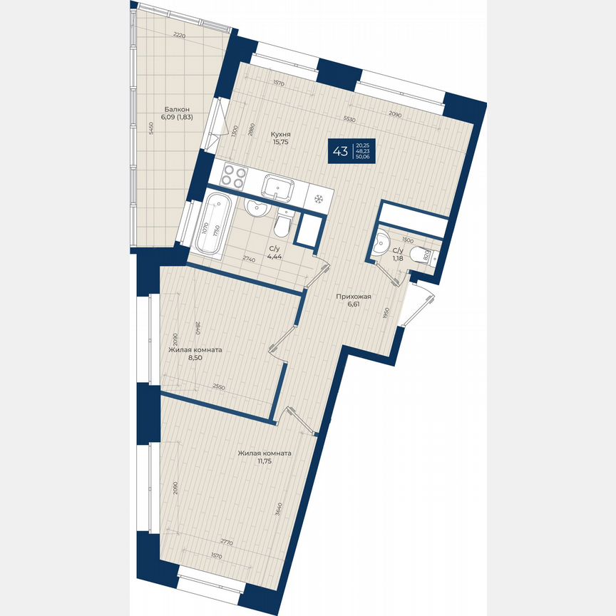 2-к. квартира, 50,1 м², 9/12 эт.