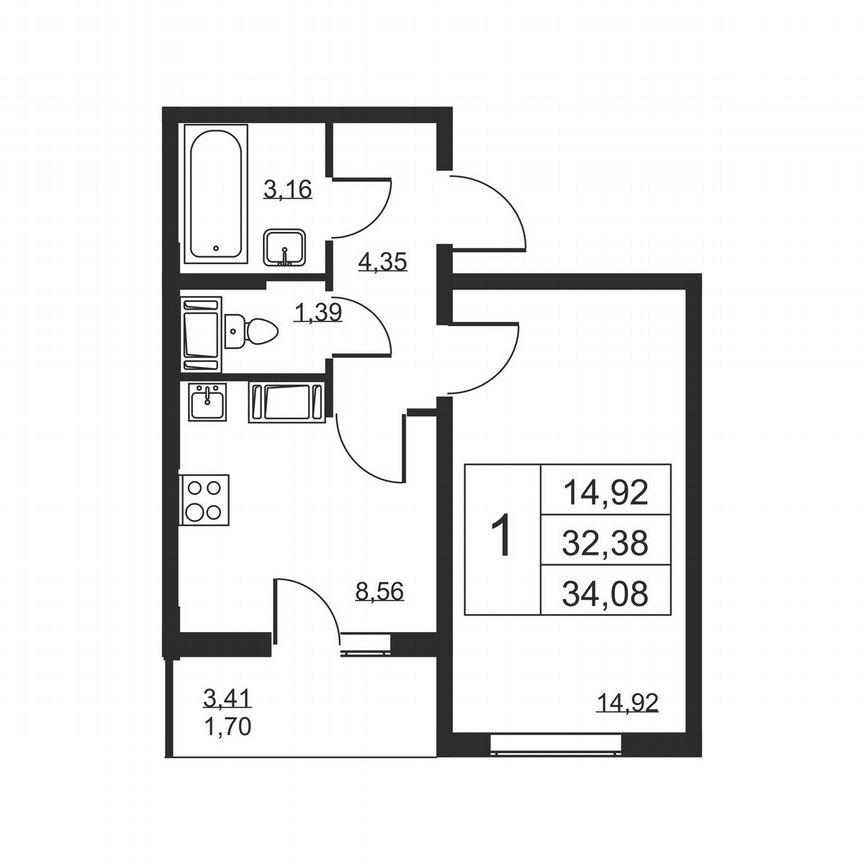 1-к. квартира, 34,1 м², 15/19 эт.
