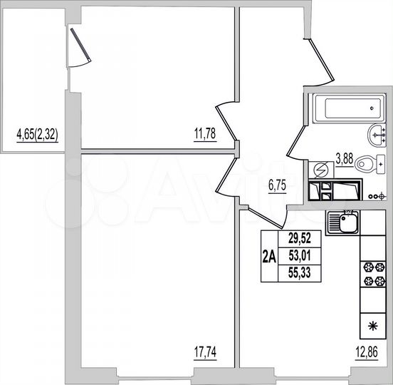 2-к. квартира, 55,3 м², 5/9 эт.