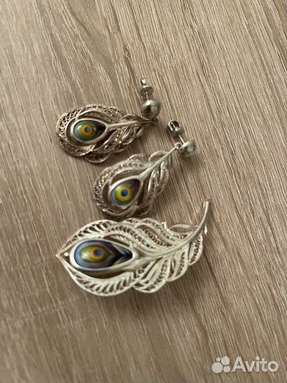 Серьги серебро перо