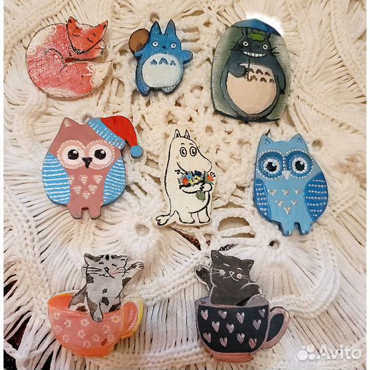 Броши значки из дерева: животные, рыбки