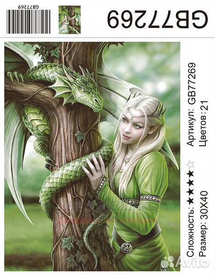 Алмазная мозаика 30x40 Эльфийка с зеленым драконом