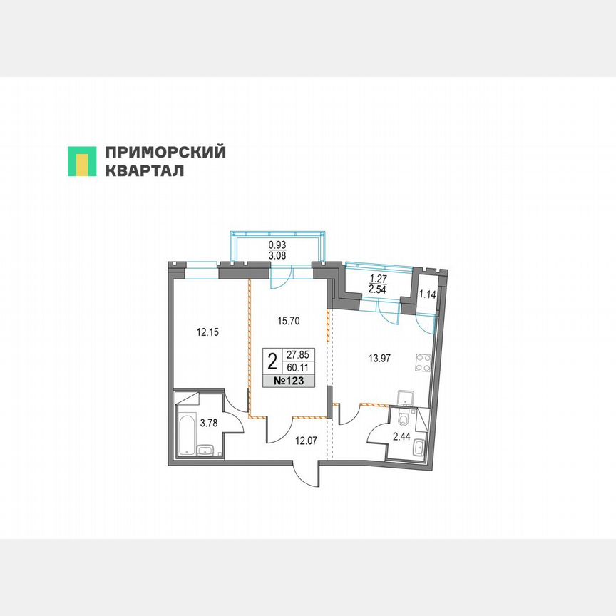 2-к. квартира, 60,1 м², 3/25 эт.