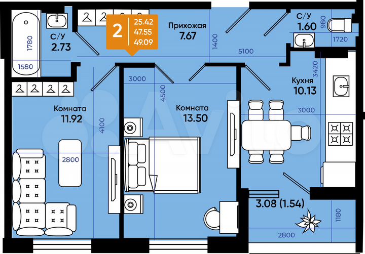 2-к. квартира, 49,1 м², 4/9 эт.