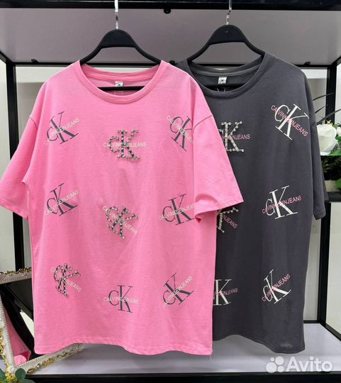 Футболка хлопковая со стразами оверсайз CK