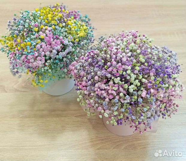 Композиции из радужной гипсофилы в коробках