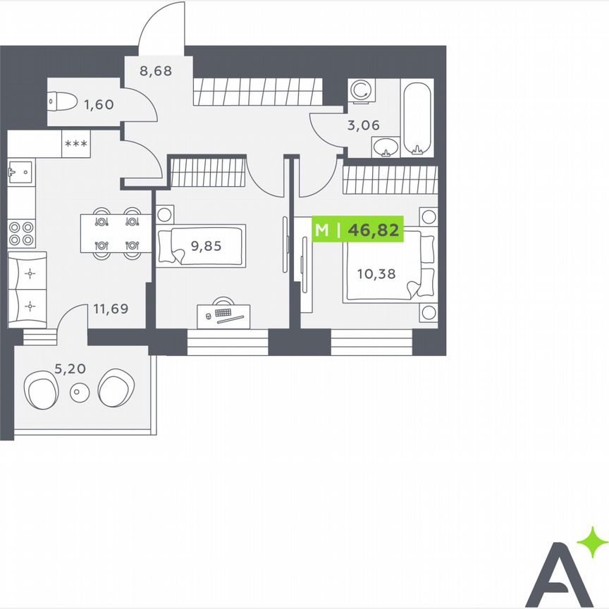 2-к. квартира, 46,8 м², 10/12 эт.