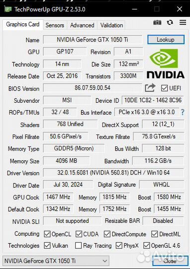 Видеокарта gtx 1050 ti 4gb msi