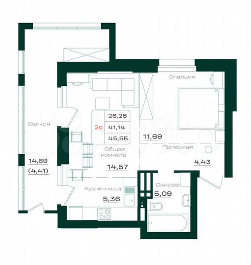 2-к. квартира, 45,5 м², 13/21 эт.