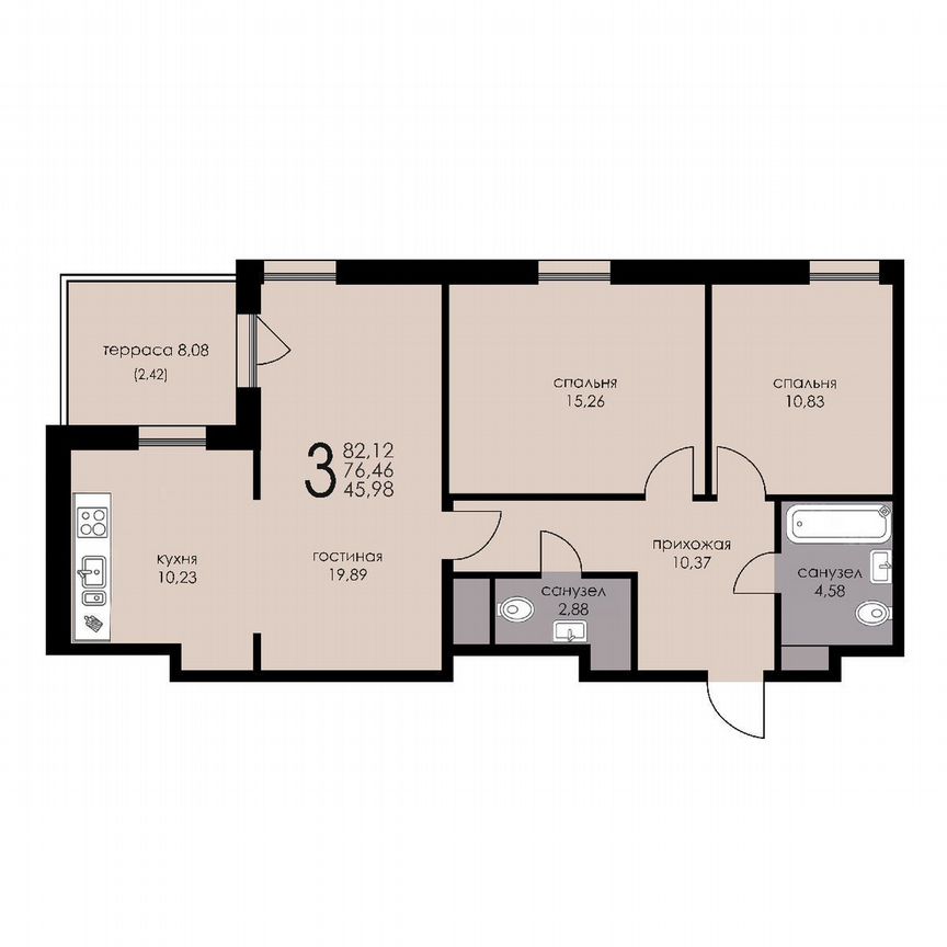 2-к. апартаменты, 76,5 м², 6/6 эт.