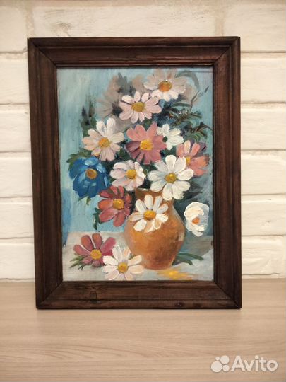 Картина маслом цветы в крынке 1994г