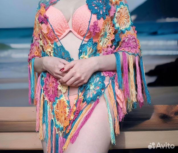 Летняя шаль, Парео с бахромой, Пляжная накидка