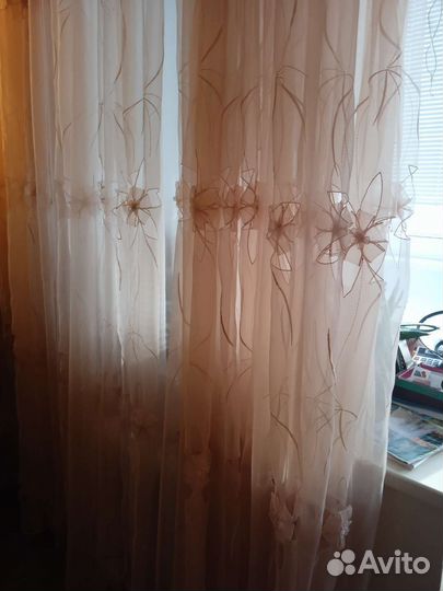 Шторы персиковые с цветами и жемчугом 8 м