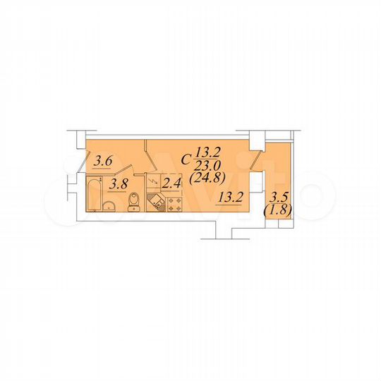 Квартира-студия, 24,8 м², 2/10 эт.