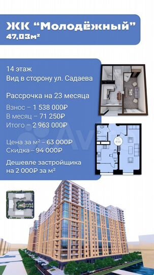 Своб. планировка, 47 м², 14/99 эт.